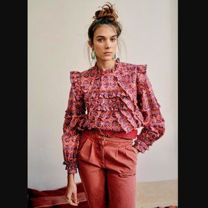Sezane EMMY BLOUSE Ruffle Ikat print, Sz 4, Pink